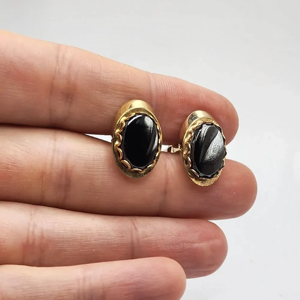 Vintage Hematite Gray Black Oval Cabochon Gold Tone Classy Dapper Cufflinks
